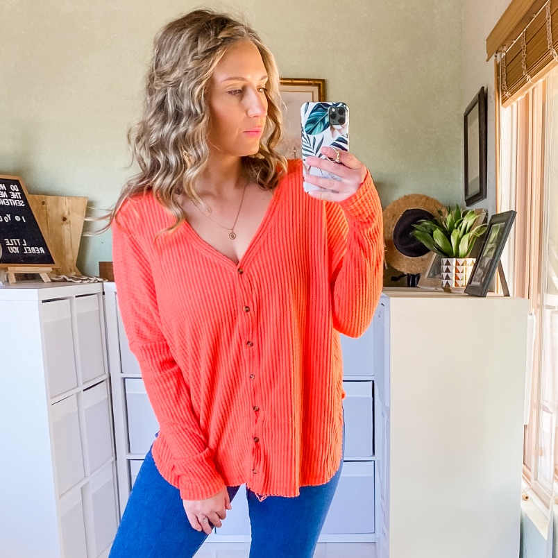 Urban Outfitters Coral Oversized Button Front Thermal Top Long Sleeve Small